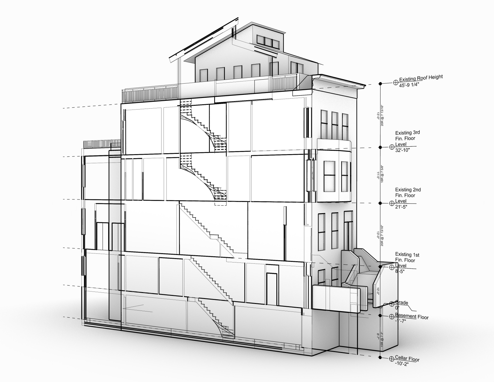 Isometric line rendering of the proposed building massing.