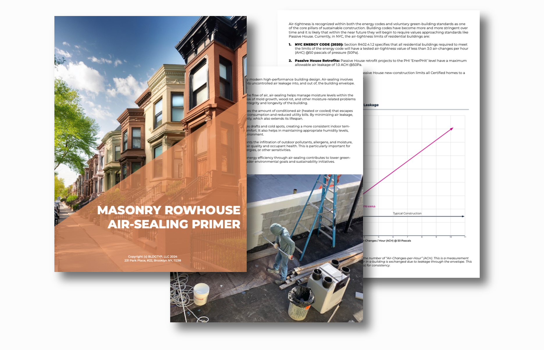 Preview collage of the Masonry Rowhouse Air-Sealing Primer cover and interior pages.