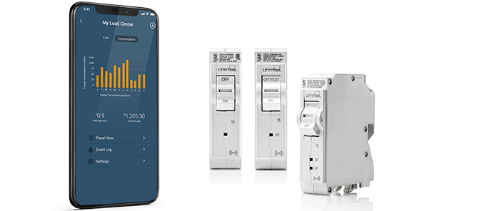 Leviton smart load center app shown with smart breakers and metering modules.