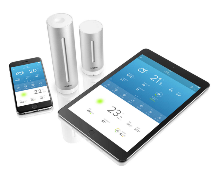 Netatmo environmental monitoring sensors shown with mobile and tablet app dashboards.