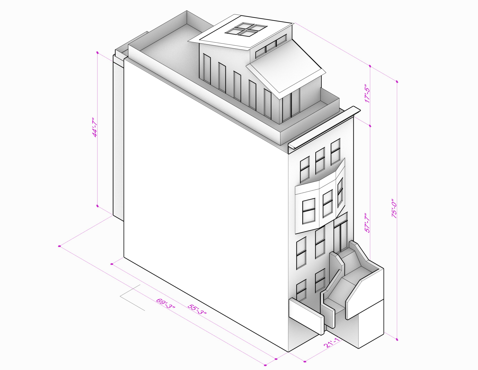 Isometric building geometry diagram with dimension annotations.