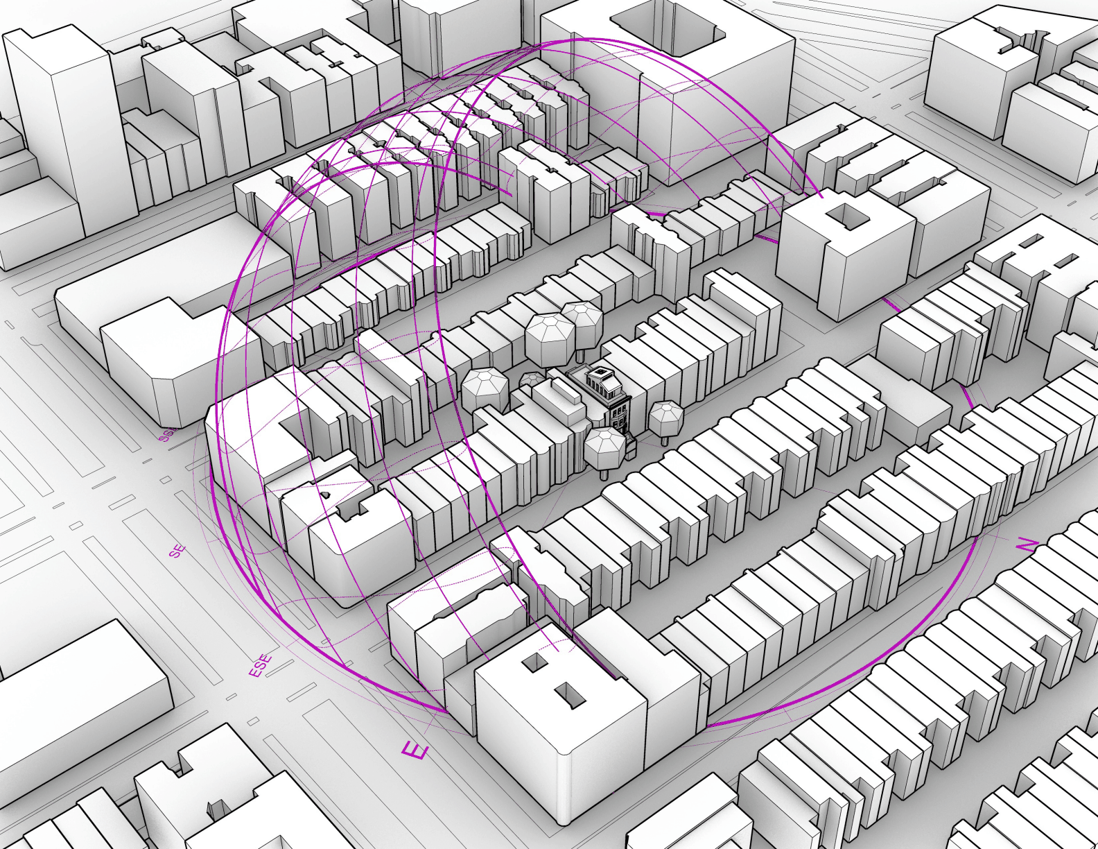 Axonometric sun-path diagram showing surrounding shading obstructions.