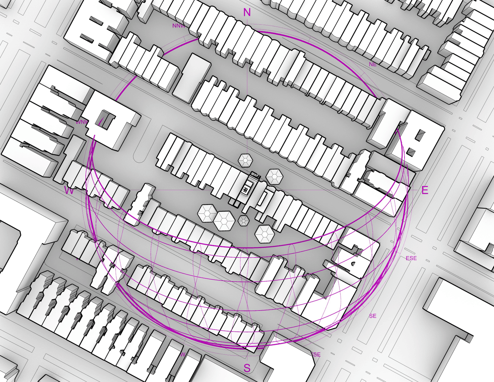 Plan-view sun-path diagram showing site obstructions and solar orientation.